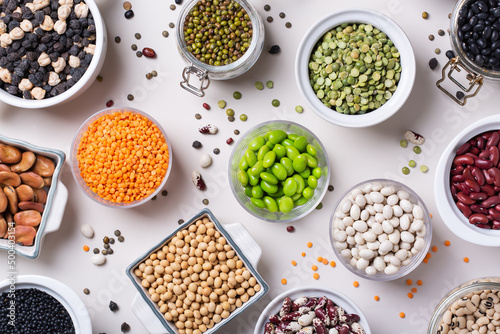 Variety of legumes, lentils, beans, plant based vegan protein source