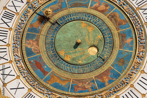 Brescia downtown. Clock and bell tower in Renaissance style, 1540-1550, in Loggia town square (Piazza della Loggia). Lombardy, Italy, Europe. Astronomical clock with the constellations of the zodiac.
