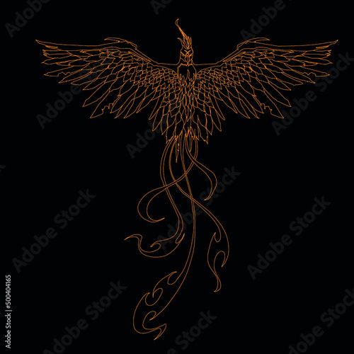 Golden vector image of phoenixan black background, emblem, tattoo, illustratio