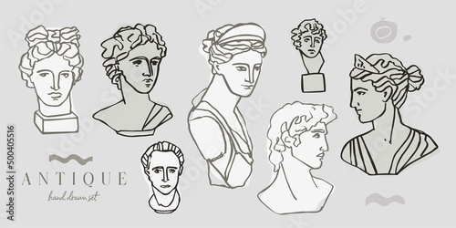 Set of decorative marble figures of Greek gods isolated on gray. Collection of marble sculptural heads of antique men and women for the decoration of holidays, postcards, posters. Vector illustration