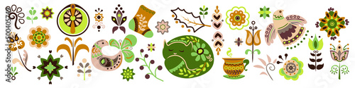 Vector composition with birds, kitty, sock, cup as well as plant and decorative elements in a folk-art style. 