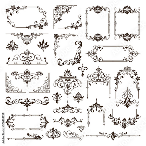 Ornamental design lace borders and corners Vector set art deco floral ornaments elements