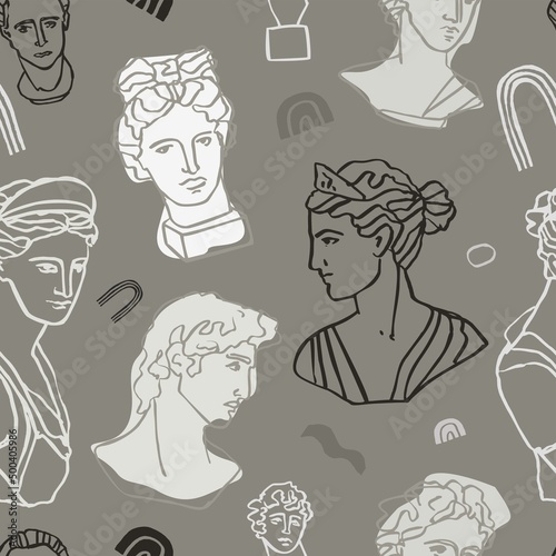 Seamless pattern with antique busts of Greek mythical gods. Plaster sculptures male and female heads drawn with a line. Background with ancient cultural values. Cartoon vector illustration