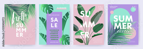 Hello Summer posters or covers with abstract tropical leaves and modern typography. Design templates for branding, advertising, promo events and sale.Tropical Summer set in minimalist style.