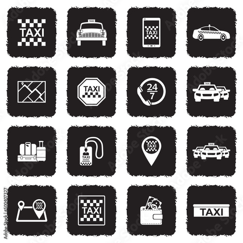 Taxi Service Icons. Grunge Black Flat Design. Vector Illustration.