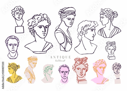 Set of decorative marble figures of Greek gods isolated on gray. Collection of marble sculptural heads of antique men and women for the decoration of holidays, postcards, posters. Vector illustration