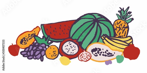 Decorative still life with fruits, vegetables in the style of oil paints isolated on white. Composition of organic food for posters of farmers' markets, price tags, menus. Cartoon vector illustration
