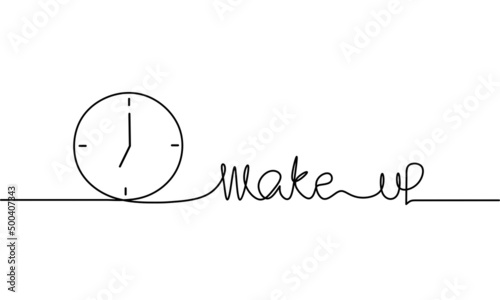 Continuous line drawing of clock with wake up lettering, alarm icon, object one line, single line art, vector illustration