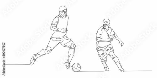 Two Football, soccer players kicking ball. Isolated vector silhouette. Football defender, striker or goalkeeper