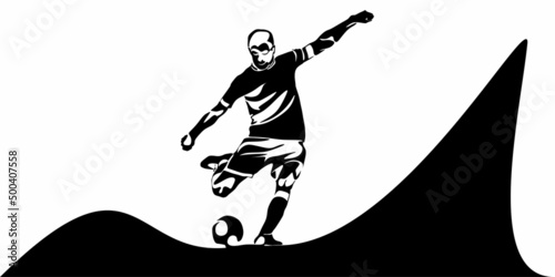 Football, soccer player kicking ball. Isolated vector silhouette. Football defender, striker or goalkeeper
