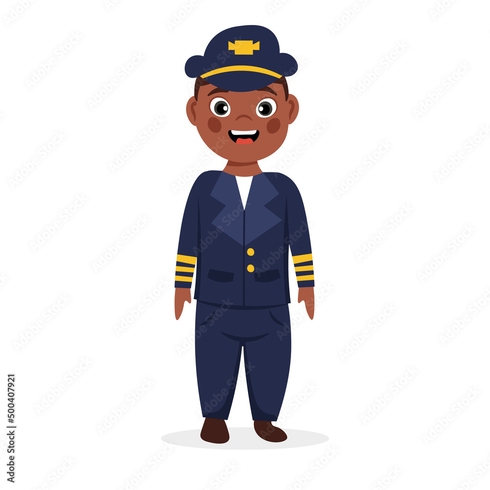 Cute little kid wearing pilot uniform. Cartoon vector illustration.