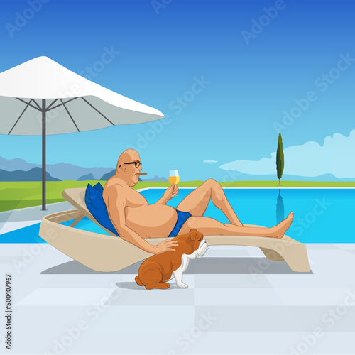 Man relaxing by the pool with a cold drink. Summer Vibe Illustration