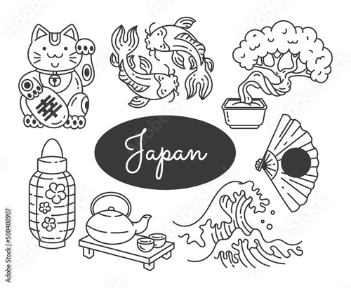 Wallpaper Mural Set of doodle illustrations Japan and Japanese traditions. Isolated on a white background. Torontodigital.ca