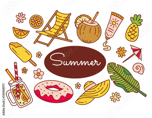 Wallpaper Mural A set of summer doodle elements, a cartoon. Beach, vacation, summer time. The heat, the sea. Isolated on a white background.	 Torontodigital.ca