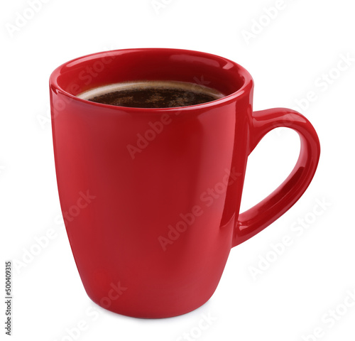 Fresh aromatic coffee in red mug isolated on white