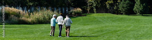 back view of senior interracial friends walking on green field with golf clubs, banner.