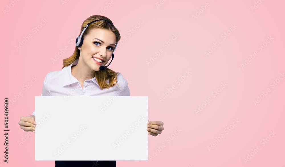 Call Center Service. Customer support or sales agent. Businesswoman, caller phone operator showing mock up signboard with ad copy space. Helping, answering, consulting. Rose pink color background. Call Center Service. Customer support or sales agent. Businesswoman, caller phone operator showing mock up signboard with ad copy space. Helping, answering, consulting. Rose pink color background.