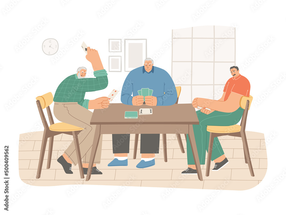 Senior people playing cards together at home. Elderly friends spend time together. Three elderly men are playing bridge or poker seated at a table. Vector illustration isolated on white background Senior people playing cards together at home. Elderly friends spend time together. Three elderly men are playing bridge or poker seated at a table. Vector illustration isolated on white background