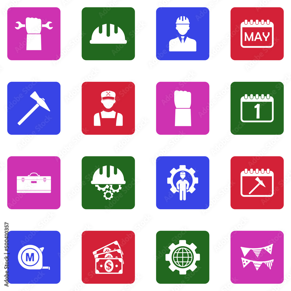 Labor Day Icons. White Flat Design In Square. Vector Illustration. Labor Day Icons. White Flat Design In Square. Vector Illustration.