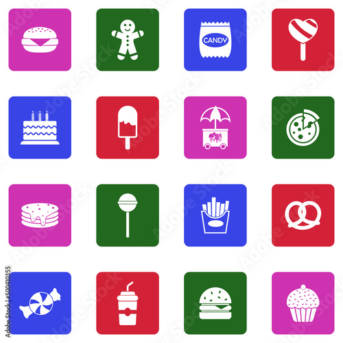 Kids Food Icons. White Flat Design In Square. Vector Illustration.