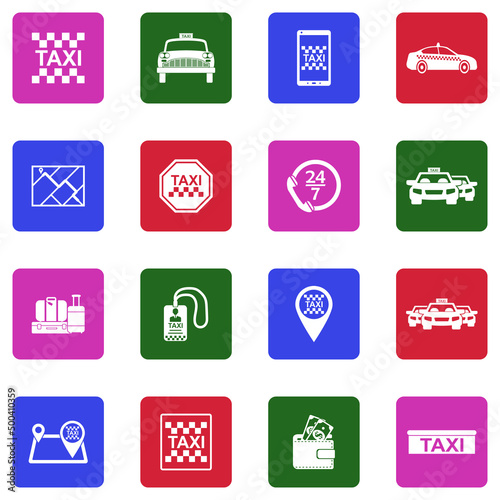 Taxi Service Icons. White Flat Design In Square. Vector Illustration.