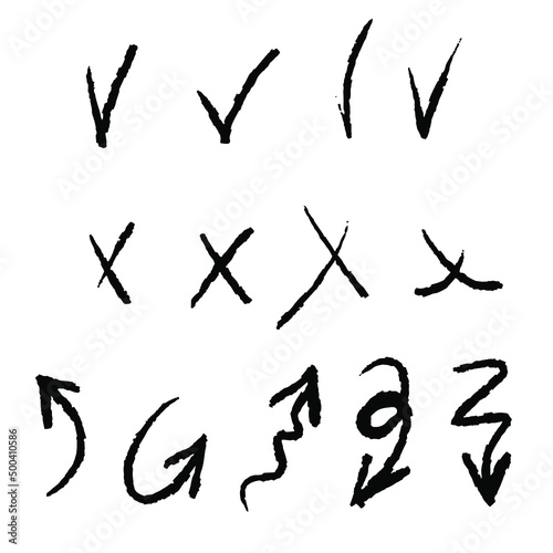 Hand drawn check marks, crosses and arrows signs. Doodle checkmarks answers in test, confirmation, negation icons. Checklist marks template, voting set. Vector flat illustration isolated on white.