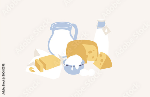 Vector illustration of dairy products - milk, cheese, curds, butter. egg and sour cream.