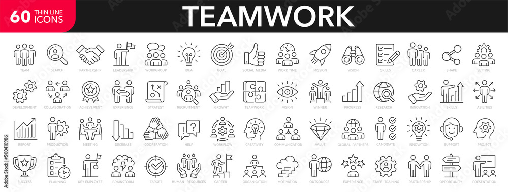 Teamwork line icons set. Businessman outline icons collection. Work group and human resources. Business teamwork, human resources, meeting, partnership, meeting, work group, success - stock vector. - obrazy, fototapety, plakaty 