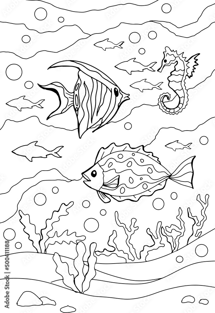 Anti stress coloring book for adults, children. Sea series of coloring