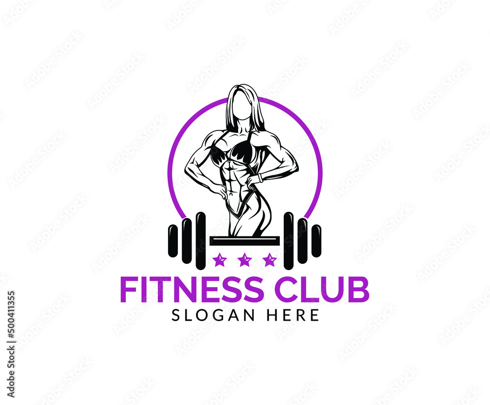 Fitness club logo or emblem with woman silhouettes. Isolated on white background.