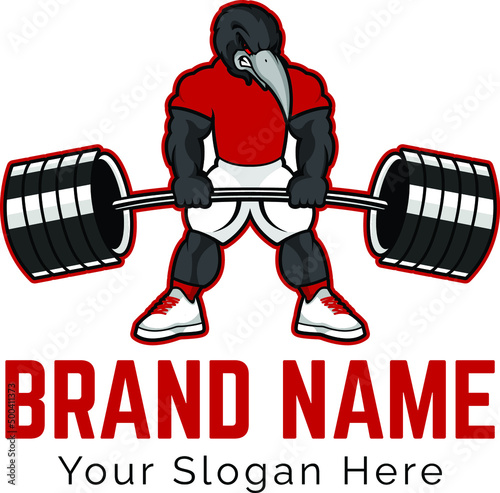 Bird lifting barbell for gymnastic body building vector logo design template