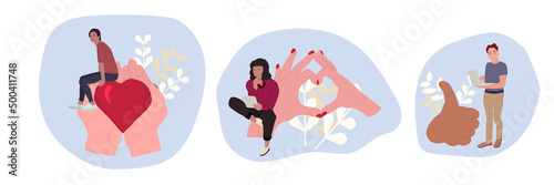 Set of flat people give feedback with laptop, tablet 