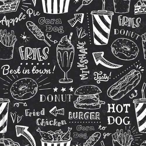 Beautiful hand drawn delicious fast food seamless pattern, tasty background, great for textiles, wrapping, packaging, wallpapers - vector design