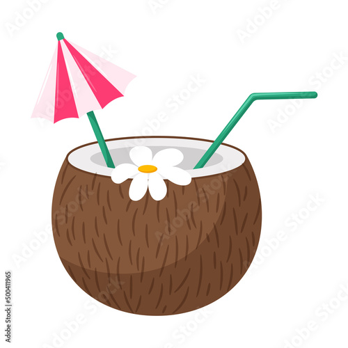 Coconut cocktail with straw, umbrella and flower. A beach summer refreshing drink. A symbol of a beach party. Vector illustration in a flat cartoon style isolated on a white background.