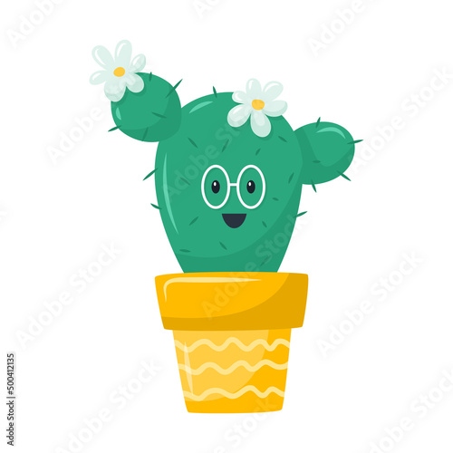 Cute happy cactus in pot, succulent with glasses. A houseplant wth flowers. Adorable botanical character. Vector illustration in a flat cartoon style isolated on a white background.