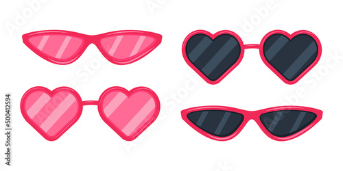 Summer beach sunglasses with pink and black glasses in a classic frame and a heart-shaped frame. Vector illustration in a flat cartoon style isolated on a white background.