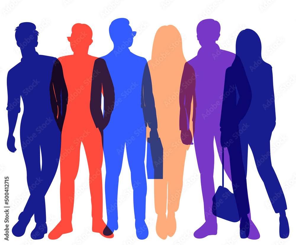 people stand multi-colored silhouette, on a white background, isolated, vector