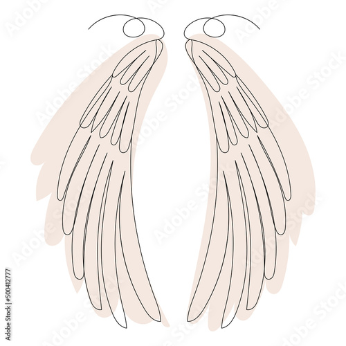 angel wings drawing in one continuous line, sketch, vector