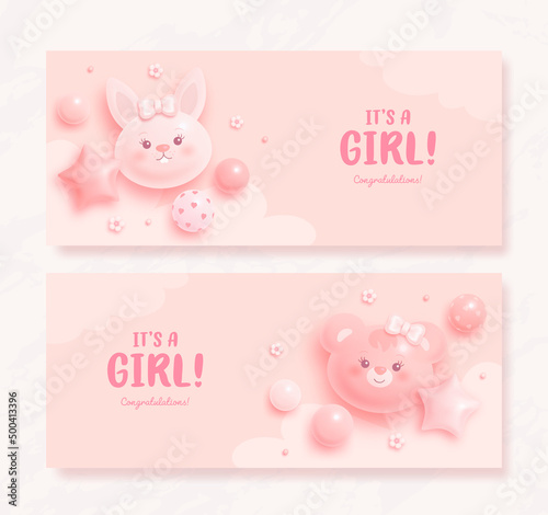 Set of baby shower invitation with cartoon helium balloons and flowers on pink background. It's a girl. Vector illustration