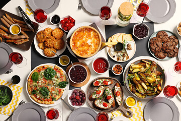 Brunch table setting with different delicious food, flat lay