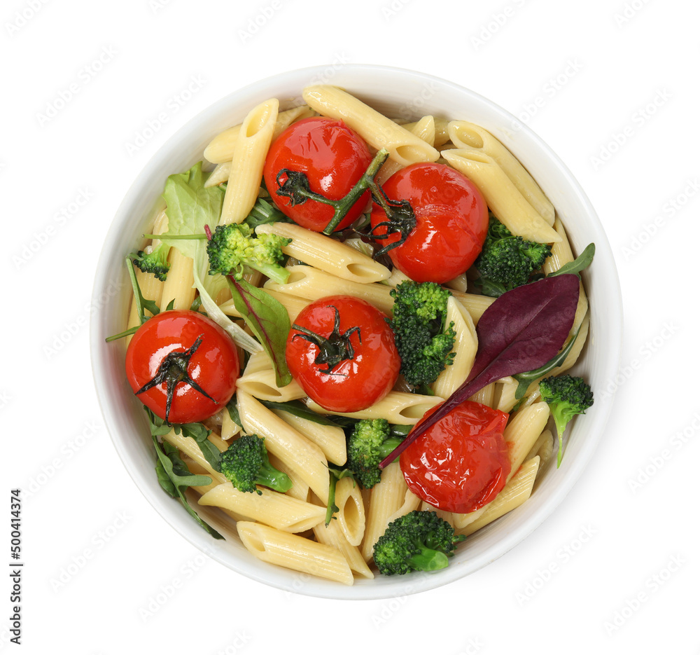 Bowl of delicious pasta with tomatoes, arugula and broccoli on white background, top view