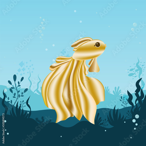 golden fish among seaweed. goldfish underwater at the bottom of the ocean