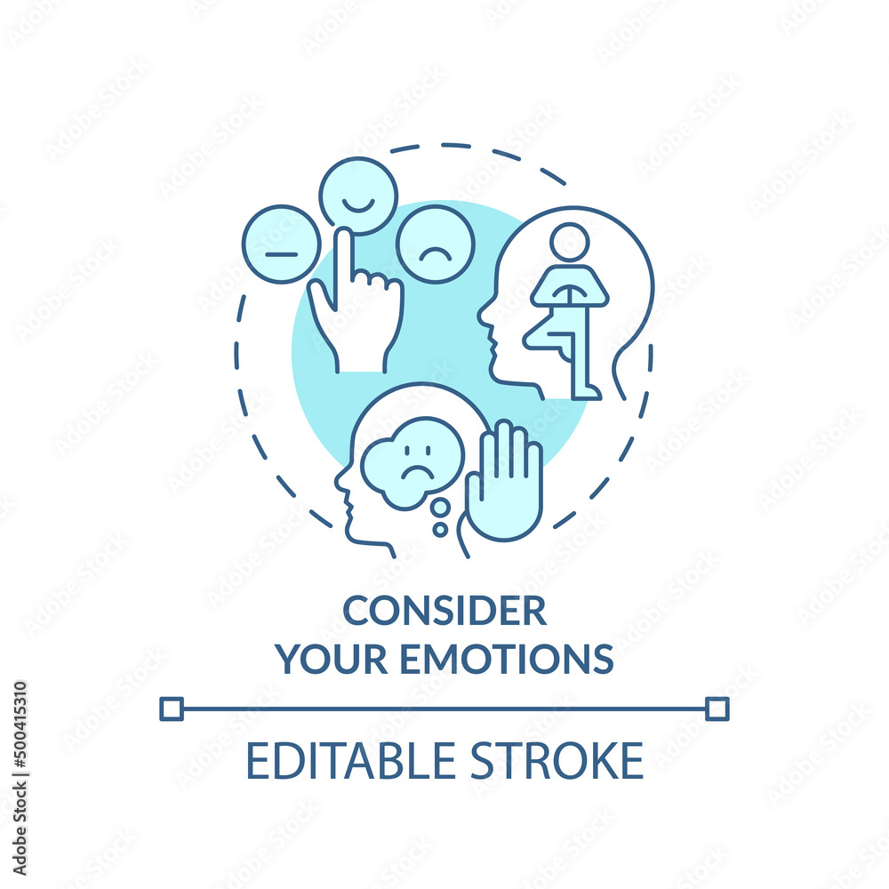 Consider your emotions turquoise concept icon. Increasing emotional intelligence abstract idea thin line illustration. Isolated outline drawing. Editable stroke. Arial, Myriad Pro-Bold fonts used