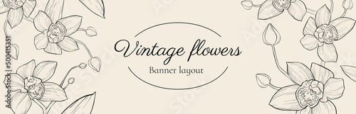 Vector banner mockup with several vintage blooming orchids and closed buds on one branch. Hand drawn floral composition on light beige background. Slight shading decorative plant sketch with stroke.
