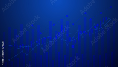 Financial business statistics with bar graph and candlestick chart with uptrend line show stock market price and effective earning on blue background