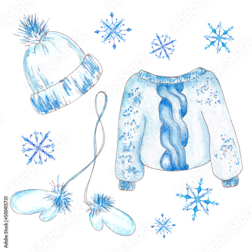 Hand drawn watercolor winter knitted clothing. Blue woolen mittens. Gloves, cap, jacket