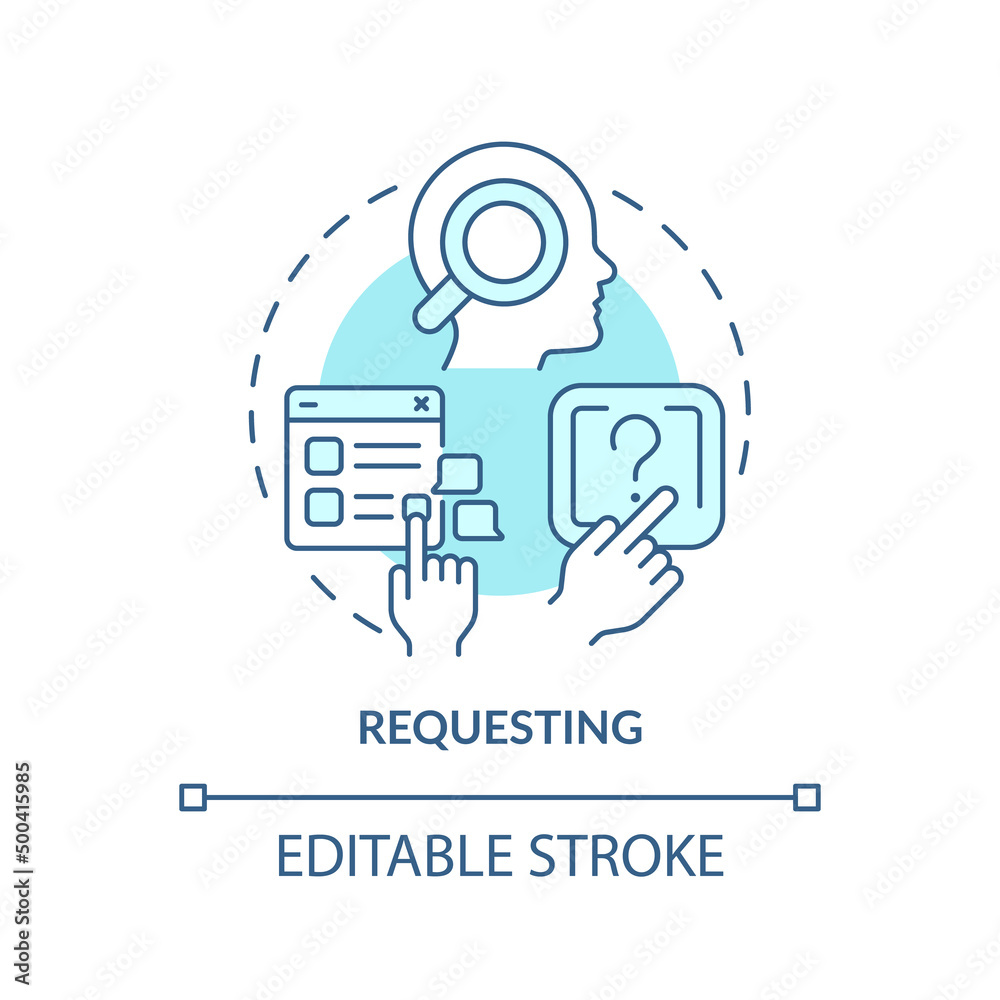Requesting turquoise concept icon. Communication function abstract idea thin line illustration. Ask for permission. Isolated outline drawing. Editable stroke. Arial, Myriad Pro-Bold fonts used Requesting turquoise concept icon. Communication function abstract idea thin line illustration. Ask for permission. Isolated outline drawing. Editable stroke. Arial, Myriad Pro-Bold fonts used