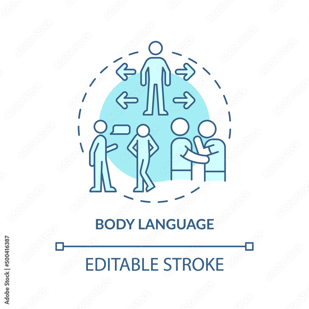 Body language turquoise concept icon. Non-verbal communication type abstract idea thin line illustration. Body posture. Isolated outline drawing. Editable stroke. Arial, Myriad Pro-Bold fonts used
