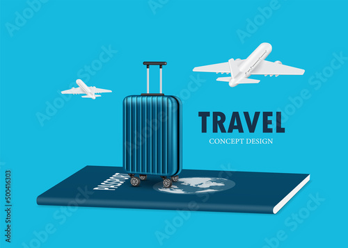 blue large travel bag place on passport And above there are two planes flying,vector 3d for air transport system and travel concept design