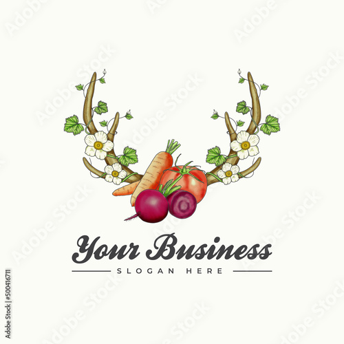 Vintage logo with deer antler illustration, flower vines and fruit vegetables